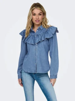 Only Naisten Farkkupaita, ONLINDIGO LS FRILL DNM SHIRT QYT NOOS Indigo