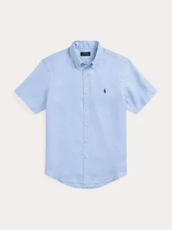 Polo Ralph Lauren miesten lyhythihainen kauluspaita, POLO LINEN SHIRT SS CUSTOM FIT Keskisininen
