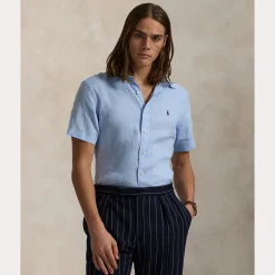 Polo Ralph Lauren miesten lyhythihainen kauluspaita, POLO LINEN SHIRT SS CUSTOM FIT Keskisininen
