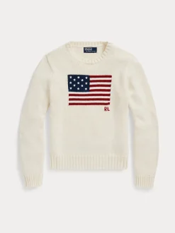 Polo Ralph Lauren naisten neulepusero, FLAG CN-LONG SLEEVE-PULLOVER Luonnonvalkoinen