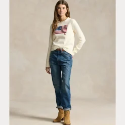 Polo Ralph Lauren naisten neulepusero, FLAG CN-LONG SLEEVE-PULLOVER Luonnonvalkoinen