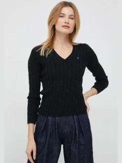 Polo Ralph Lauren naisten neule, CABLE KNIT COTTON V-NECK SWEATER Musta