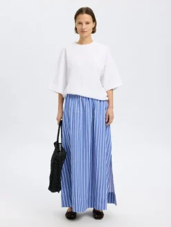 Selected Femme naisten hame, SLFFIA HW STRIPED ANKLE SLIT SKIRT Raidallinen Sininen