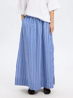 Selected Femme naisten hame, SLFFIA HW STRIPED ANKLE SLIT SKIRT Raidallinen Sininen