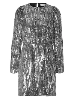 Selected Femme naisten mekko, SLFARI-COLYN LS SHORT SEQUINS DRESS B Hopeanharmaa