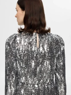 Selected Femme naisten mekko, SLFARI-COLYN LS SHORT SEQUINS DRESS B Hopeanharmaa