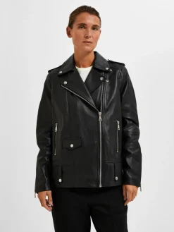 Selected Femme Naisten Nahkatakki, SLFMADISON LEATHER JACKET NOOS Black