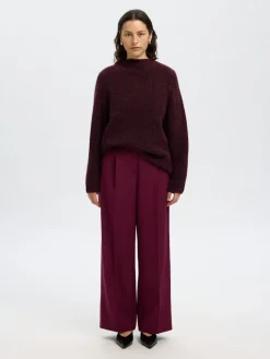 Selected Femme naisten neulepusero, SLFSIA RAS LS KNIT T-NECK Viininpunainen