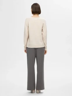 Selected Femme Naisten Neule, SLFLULU NEW LS KNIT V-NECK B NOOS Luonnonvalkoinen