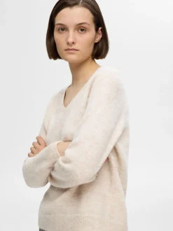Selected Femme Naisten Neule, SLFLULU NEW LS KNIT V-NECK B NOOS Luonnonvalkoinen