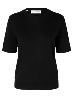 Selected Femme naisten neule, SLFHELLA SS KNIT O-NECK Musta