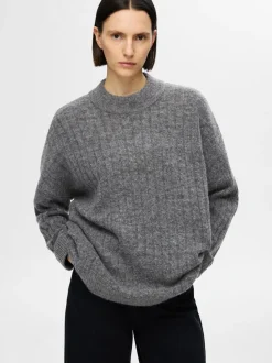 Selected Femme naisten neule, SLFMALINE LS KNIT HIGH NECK Grafiitti