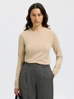 Selected Femme Naisten Neulepaita, Slfthea LS Knit Merino O-Neck Noos Oatmeal