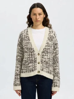 Selected Femme naisten neuletakki, SLFLINDSAY LS KNIT V-NECK CARDIGAN Birch Delicioso