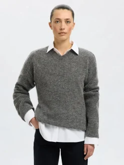 Selected Femme naisten neulepusero, SLFSIA RAS LS KNIT LONG V-NECK Medium Grey Melange