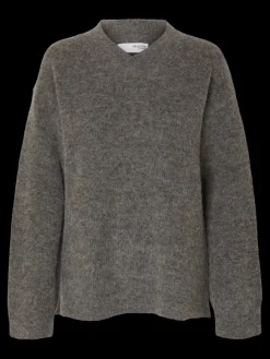 Selected Femme naisten neulepusero, SLFSIA RAS LS KNIT LONG V-NECK Medium Grey Melange
