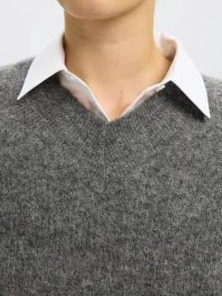 Selected Femme naisten neulepusero, SLFSIA RAS LS KNIT LONG V-NECK Medium Grey Melange