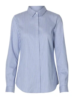 Selected Femme naisten paitapusero SLFROMIE LS STRIPED FITTED SHIRT NOOS, Dusty Blue Bright White