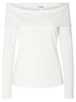 Selected Femme naisten paita,SLFEFFIE LS OFF-SHOULDER TOP Luonnonvalkoinen