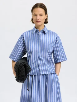 Selected Femme naisten paita, SLFFIA 2/4 CROPPED STRIPED SHIRT Raidallinen Sininen