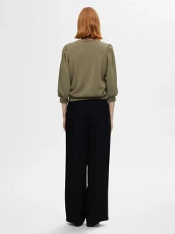 Selected Femme Naisten Pusero, SLFTENNY 3/4 SWEAT TOP NOOS Armeijanvihreä