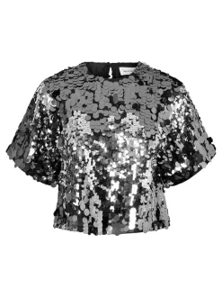 Selected Femme Naisten Pusero, SLFTANA 3/4 SEQUINS TOP Hopeanharmaa