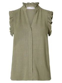 Selected Femme naisten toppi, SLFVIVA SL RUFFLE TOP Khaki