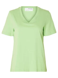 Selected Femme Naisten T-paita SLFESSENTIAL SS V-NECK TEE NOOS Vihreä