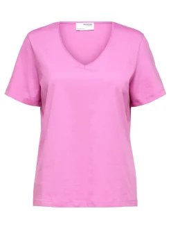 Selected Femme Naisten T-paita SLFESSENTIAL SS V-NECK TEE NOOS Pinkki
