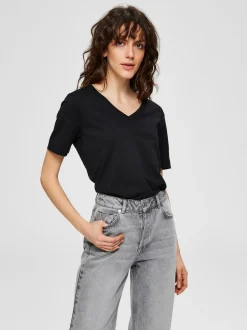 Selected Femme Naisten T-paita, SLFSTANDARD SS V-NECK TEE Musta