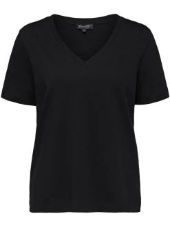 Selected Femme Naisten T-paita, SLFSTANDARD SS V-NECK TEE Musta