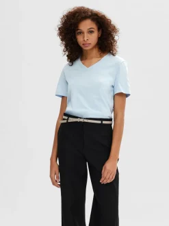 Selected Femme Naisten T-paita SLFESSENTIAL SS V-NECK TEE NOOS Vaaleansininen