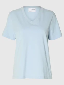 Selected Femme Naisten T-paita SLFESSENTIAL SS V-NECK TEE NOOS Vaaleansininen
