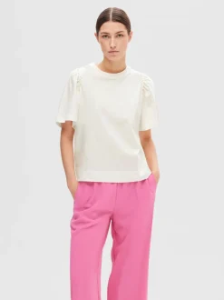 Selected Femme Naisten T-Paita, SLFPENELOPE 2/4 RUFFLE TEE Snow White