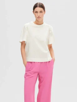 Selected Femme Naisten T-Paita, SLFPENELOPE 2/4 RUFFLE TEE Snow White