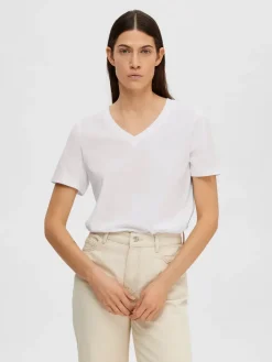 Selected Femme Naisten T-paita SLFESSENTIAL SS V-NECK TEE NOOS Bright White