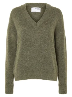 Selected Femme neule, SLFMALINE LS KNIT V-NECK Armeijanvihreä