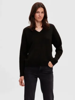 Selected Femme neule, SLFMALINE LS KNIT V-NECK Musta