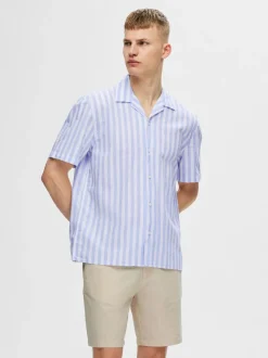 Selected Miesten Kauluspaita, K RELAX NEW LINEN SS RESORT Raidallinen Sininen