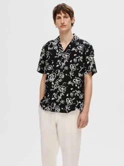 Selected Miesten Kauluspaita, K RELAX NEW LINEN SS RESORT Mustavalkoinen