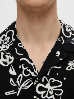 Selected Miesten Kauluspaita, K RELAX NEW LINEN SS RESORT Mustavalkoinen