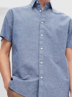Selected Miesten Kauluspaita, NEW LINEN SHIRT SS NOS Sininen