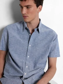 Selected Miesten Kauluspaita, NEW LINEN SHIRT SS NOS Sininen