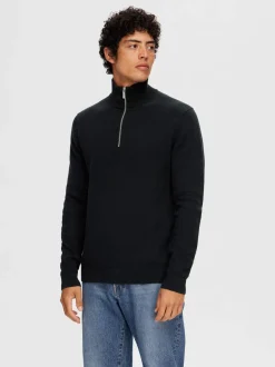 Selected Miesten Neulepusero, DANE LS KNIT STRUCTURE HALF ZIP Black