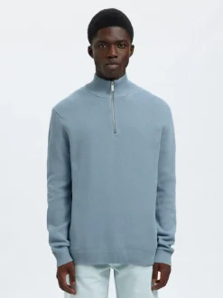 Selected Miesten Neulepusero DANE LS KNIT STRUCTURE HALF ZIP, Dusty Blue