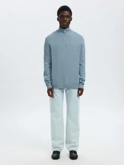 Selected Miesten Neulepusero DANE LS KNIT STRUCTURE HALF ZIP, Dusty Blue