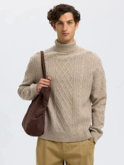 Selected miesten neulepusero, SLHNEIL LS KNIT RELAXED CABLE ROLL NECK Oatmeal Neps