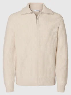 Selected Miesten Neulepusero LAND LS KNIT HALFZIP Luonnonvalkoinen