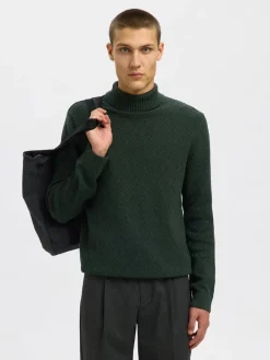 Selected miesten neulepusero, TREVOR LS KNIT STRUCTURE ROLL NECK Deep Forest