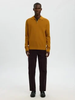 Selected miesten neulepusero SLHCRAN LS Knit Structure Half Zip Polo, Golden Brown